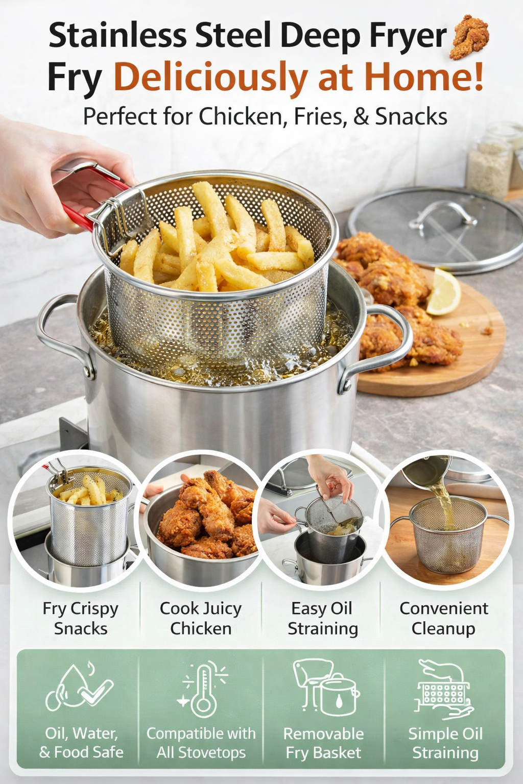 Stainless Steel Deep Fryer Pot with Basket – Home Frying for Chicken, Fries & Snacks