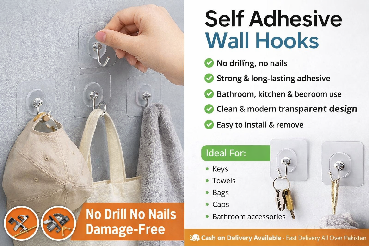 Self Adhesive Wall Hooks – No Drill, No Nails Required | Heavy Duty Sticky Hooks for Home & Bathroom | Best Price in Pakistan